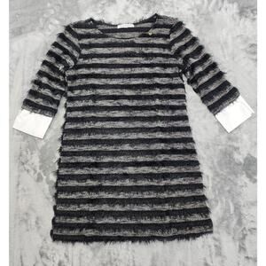 Rinascimento Dress Womens Black Striped Fuzzy Eyelash Knit 3/4 Sleeves Cuffed